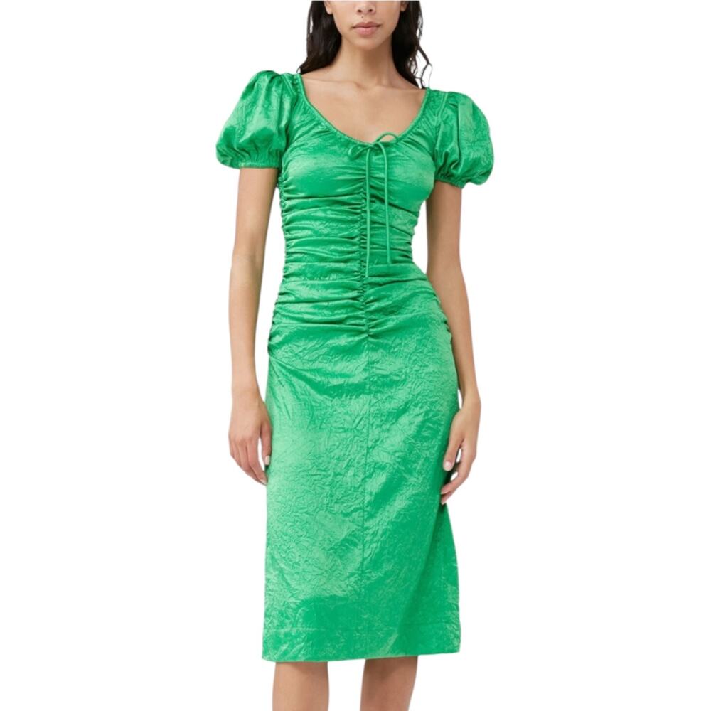 Ganni Green Crinkled Satin Ruched Puff Sleeve Midi Dress 36